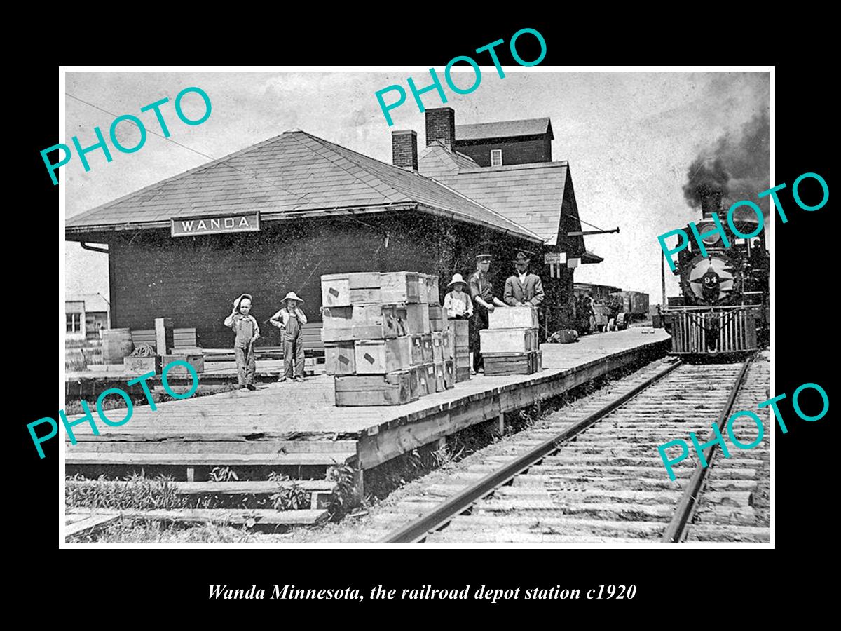 OLD LARGE HISTORIC PHOTO OF WANDA MINNESOTA, THE RAILROAD DEPOT STATION c1920