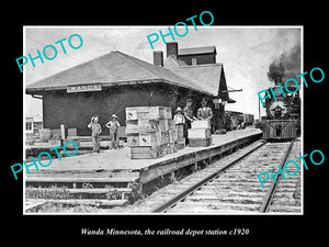 OLD LARGE HISTORIC PHOTO OF WANDA MINNESOTA, THE RAILROAD DEPOT STATION c1920