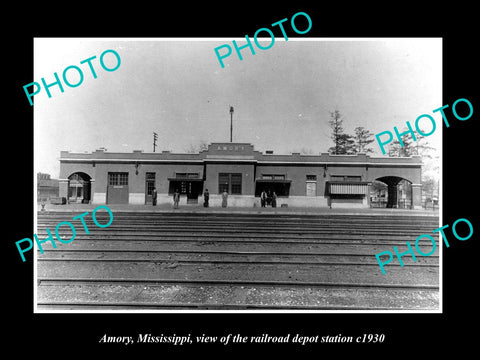 OLD LARGE HISTORIC PHOTO OF AMORY MISSISSIPPI, THE RAILROAD DEPOT STATION c1930