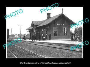 OLD LARGE HISTORIC PHOTO OF BURDEN KANSAS, THE RAILROAD DEPOT STATION c1920