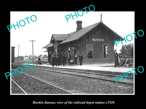 OLD LARGE HISTORIC PHOTO OF BURDEN KANSAS, THE RAILROAD DEPOT STATION c1920