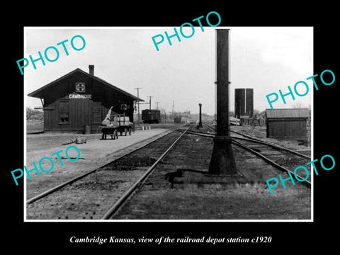 OLD LARGE HISTORIC PHOTO OF CAMBRIDGE KANSAS, THE RAILROAD DEPOT STATION c1920