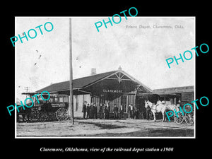 OLD LARGE HISTORIC PHOTO OF CLAREMORE OKLAHOMA, THE RAILROAD DEPOT STATION c1900