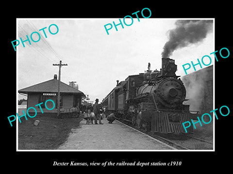 OLD LARGE HISTORIC PHOTO OF DEXTER KANSAS, THE RAILROAD DEPOT STATION c1910