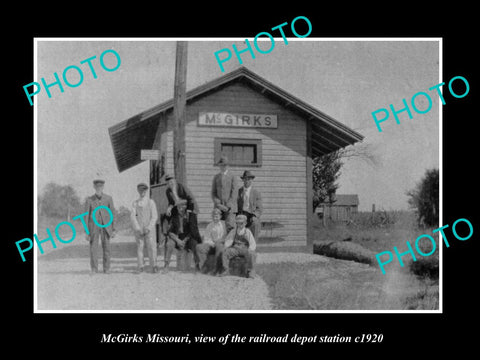 OLD LARGE HISTORIC PHOTO OF McGIRKS MISSOURI, THE RAILROAD DEPOT STATION c1920