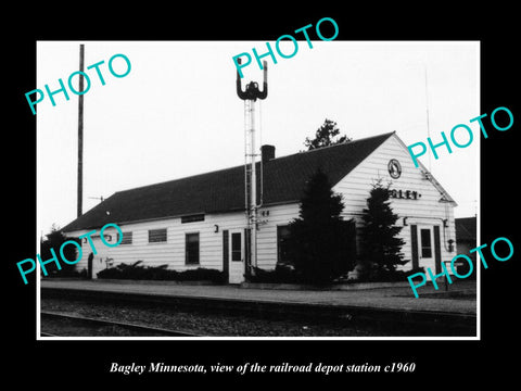 OLD LARGE HISTORIC PHOTO OF BAGLEY MINNESOTA, THE RAILROAD DEPOT STATION c1960