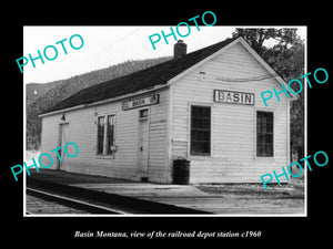 OLD LARGE HISTORIC PHOTO OF BASIN MONTANA, THE RAILROAD DEPOT STATION c1960