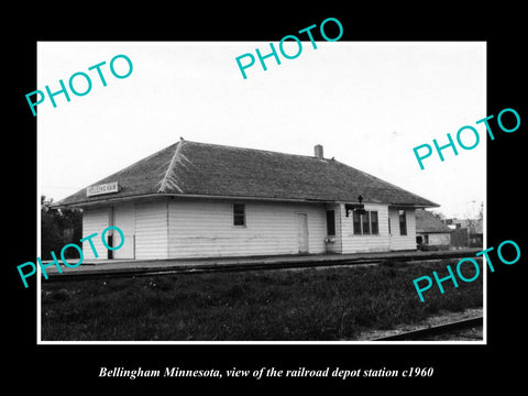 OLD LARGE HISTORIC PHOTO OF BELLINGHAM MINNESOTA, RAILROAD DEPOT STATION c1960