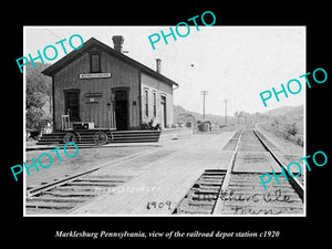 OLD LARGE HISTORIC PHOTO OF MARKLESBURG PENNSYLVANIA, THE RAILROAD DEPOT c1920