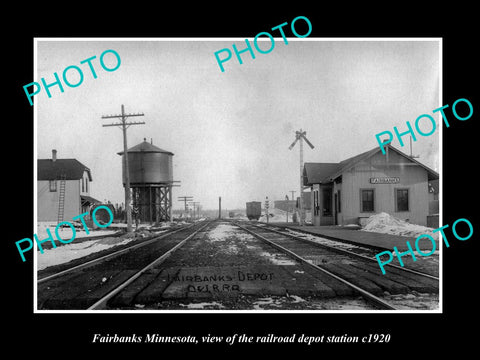 OLD LARGE HISTORIC PHOTO OF FAIRBANKS MINNESOTA, THE RAILROAD DEPOT STATION 1920