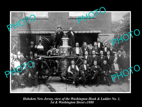 OLD LARGE HISTORIC PHOTO OF HOBOKEN NEW JERSEY, THE WASHINGTON FIRE CREW c1880