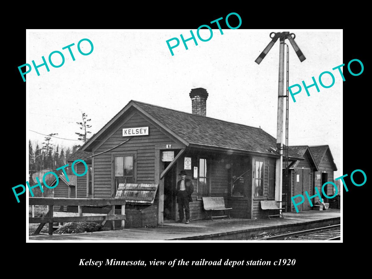 OLD LARGE HISTORIC PHOTO OF KELSEY MINNESOTA, THE RAILROAD DEPOT STATION c1920