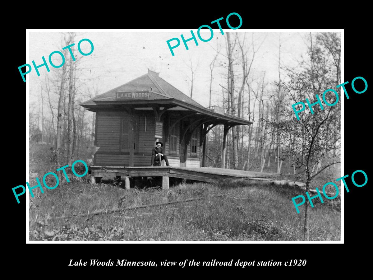 OLD LARGE HISTORIC PHOTO OF LAKE WOODS MINNESOTA, RAILROAD DEPOT STATION c1920