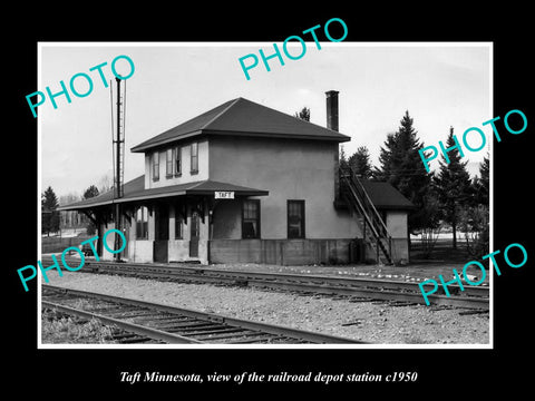 OLD LARGE HISTORIC PHOTO OF TAFT MINNESOTA, THE RAILROAD DEPOT STATION c1950