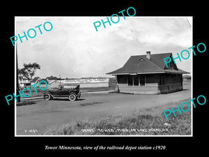 OLD LARGE HISTORIC PHOTO OF TOWER MINNESOTA, THE RAILROAD DEPOT STATION c1920