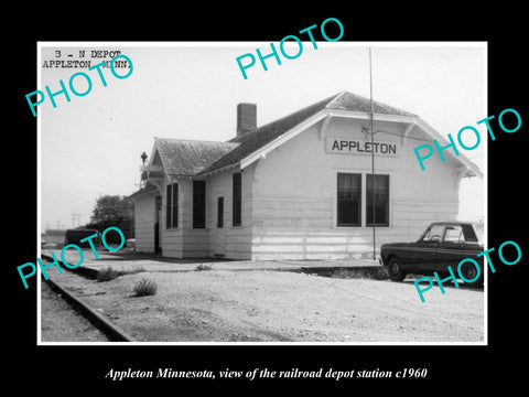 OLD LARGE HISTORIC PHOTO OF APPLETON MINNESOTA, RAILROAD DEPOT STATION c1960