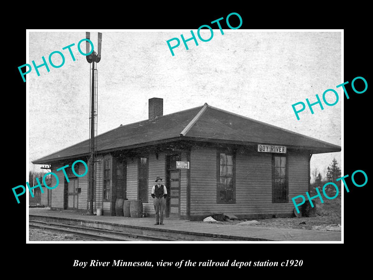 OLD LARGE HISTORIC PHOTO OF BOY RIVER MINNESOTA, RAILROAD DEPOT STATION c1920