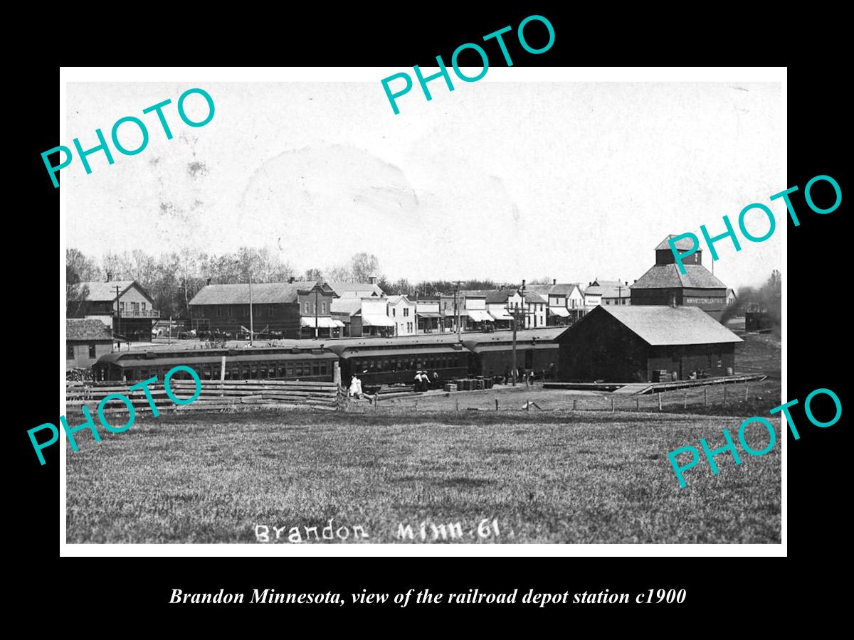 OLD LARGE HISTORIC PHOTO OF BRANDON MINNESOTA, RAILROAD DEPOT STATION c1900