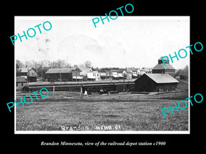 OLD LARGE HISTORIC PHOTO OF BRANDON MINNESOTA, RAILROAD DEPOT STATION c1900