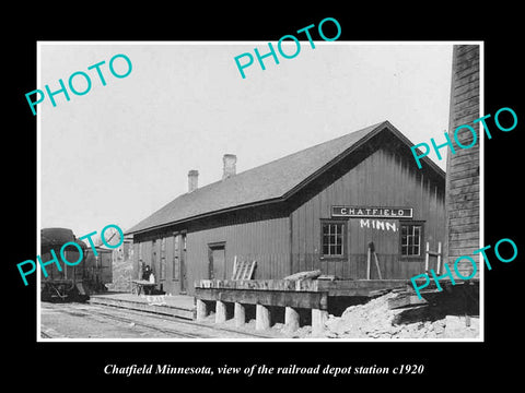 OLD LARGE HISTORIC PHOTO OF CHATFIELD MINNESOTA, RAILROAD DEPOT STATION c1920