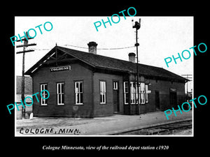 OLD LARGE HISTORIC PHOTO OF COLOGNE MINNESOTA, RAILROAD DEPOT STATION c1920