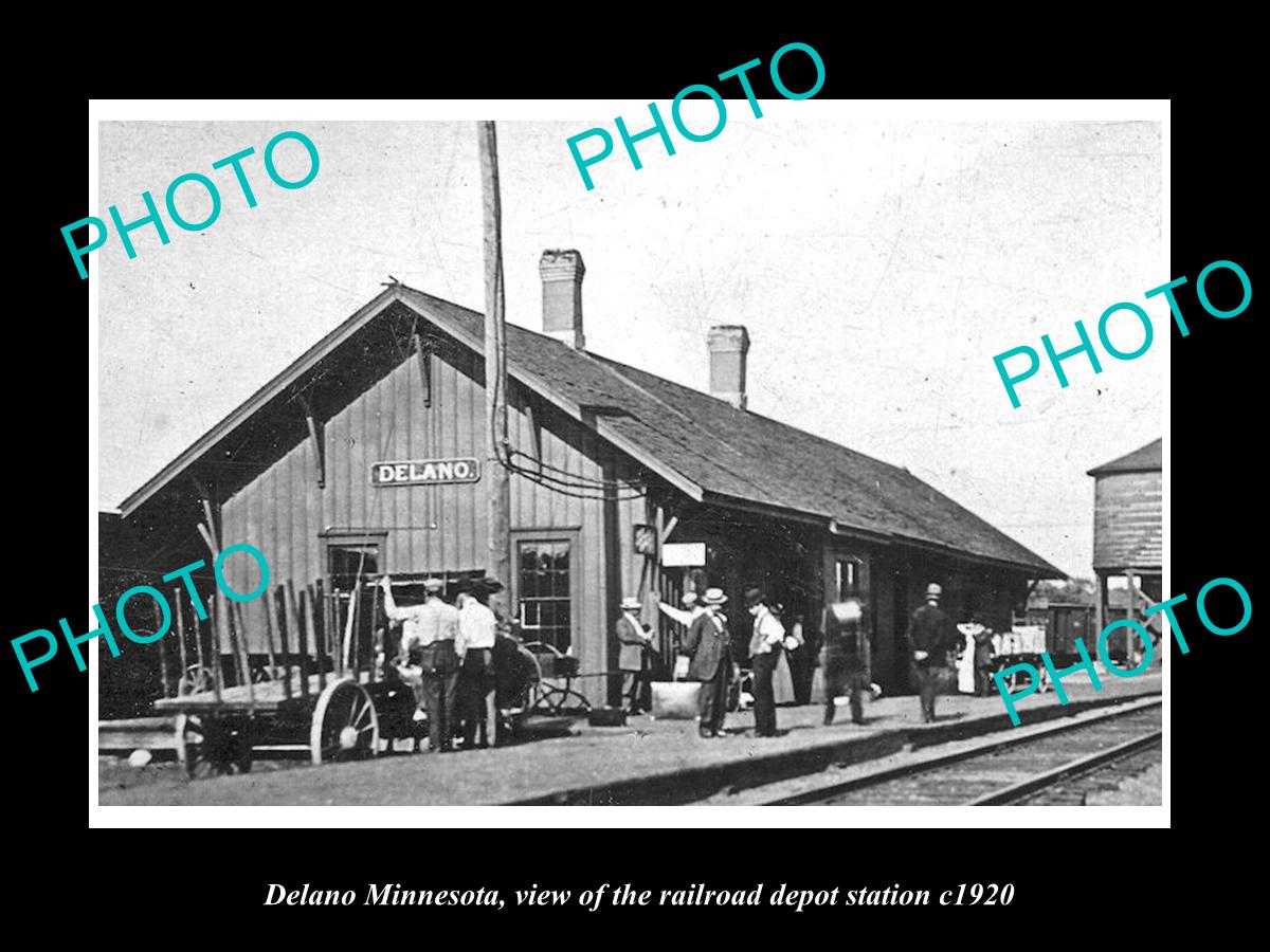 OLD LARGE HISTORIC PHOTO OF DELANO MINNESOTA, RAILROAD DEPOT STATION c1920