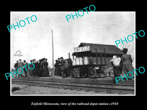 OLD LARGE HISTORIC PHOTO OF ENFIELD MINNESOTA, RAILROAD DEPOT STATION c1910