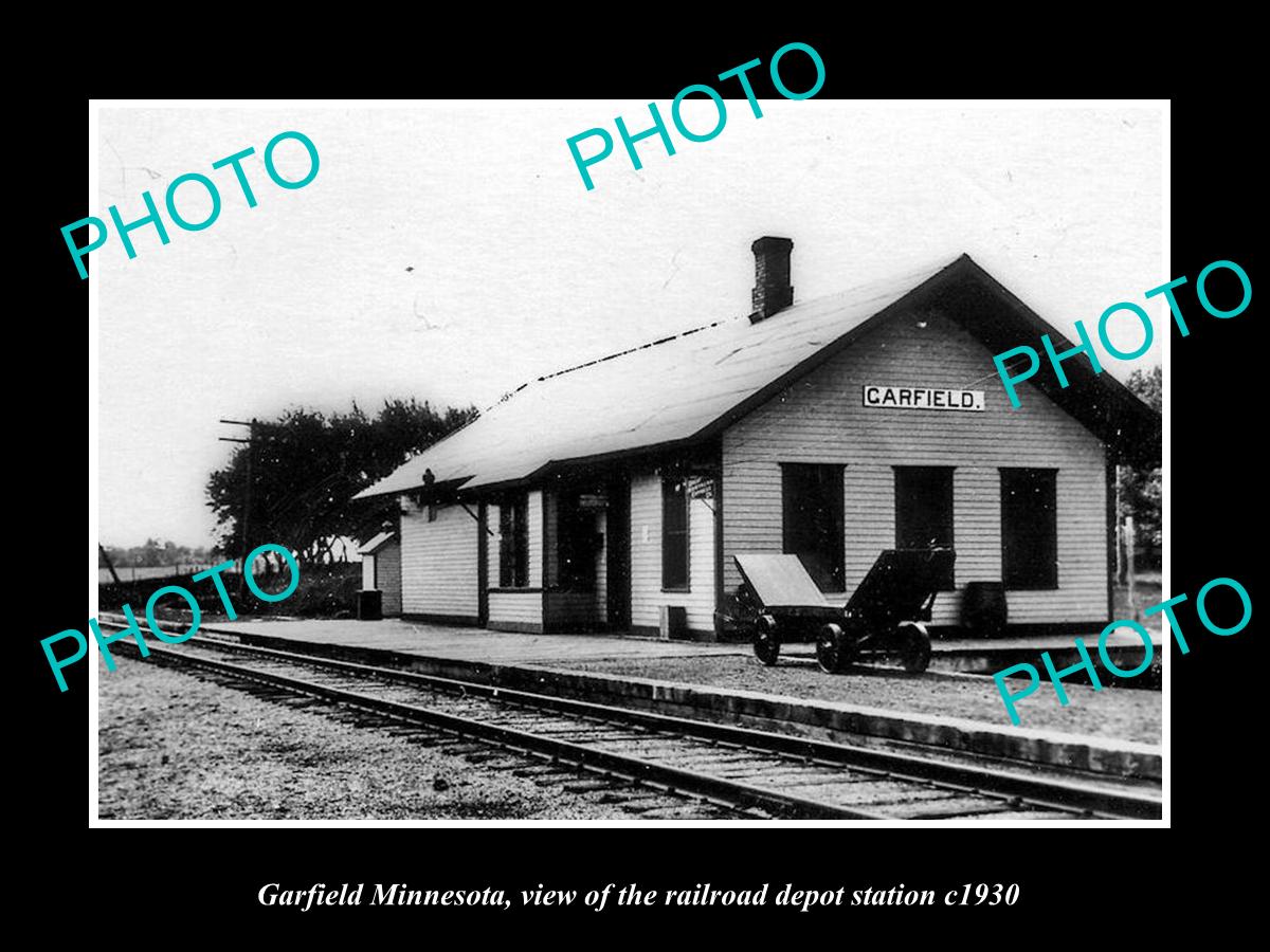 OLD LARGE HISTORIC PHOTO OF GARFIELD MINNESOTA, RAILROAD DEPOT STATION c1930