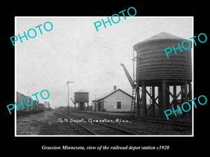 OLD LARGE HISTORIC PHOTO OF GRASSTON MINNESOTA, RAILROAD DEPOT STATION c1920