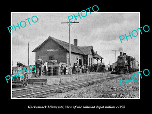 OLD LARGE HISTORIC PHOTO OF HACKENSACK MINNESOTA, RAILROAD DEPOT STATION c1920