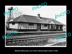 OLD LARGE HISTORIC PHOTO OF HALSTAD MINNESOTA, RAILROAD DEPOT STATION c1940