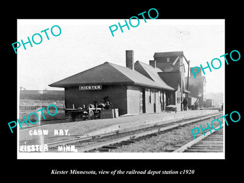 OLD LARGE HISTORIC PHOTO OF KIESTER MINNESOTA, RAILROAD DEPOT STATION c1920