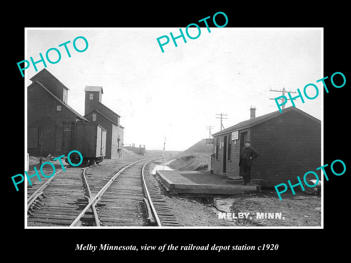 OLD LARGE HISTORIC PHOTO OF MELBY MINNESOTA, RAILROAD DEPOT STATION c1920