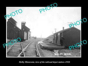 OLD LARGE HISTORIC PHOTO OF MELBY MINNESOTA, RAILROAD DEPOT STATION c1920