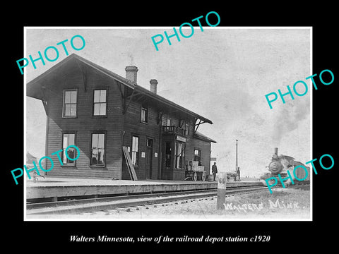 OLD LARGE HISTORIC PHOTO OF WALTERS MINNESOTA, RAILROAD DEPOT STATION c1920