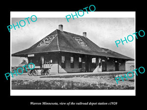 OLD LARGE HISTORIC PHOTO OF WARREN MINNESOTA, RAILROAD DEPOT STATION c1920