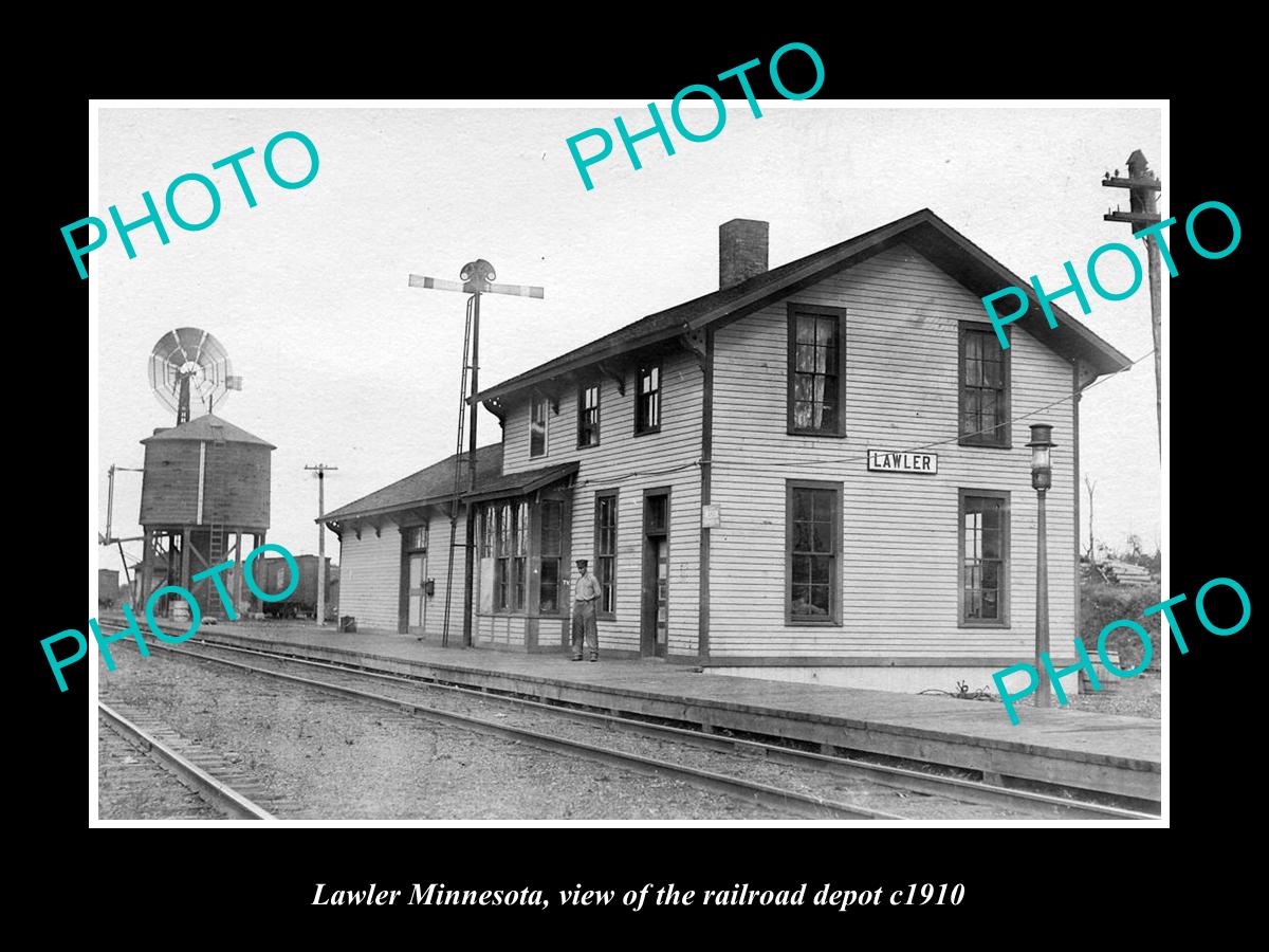 OLD LARGE HISTORIC PHOTO OF LAWLER MINNESOTA, THE RAILROAD DEPOT STATION c1910