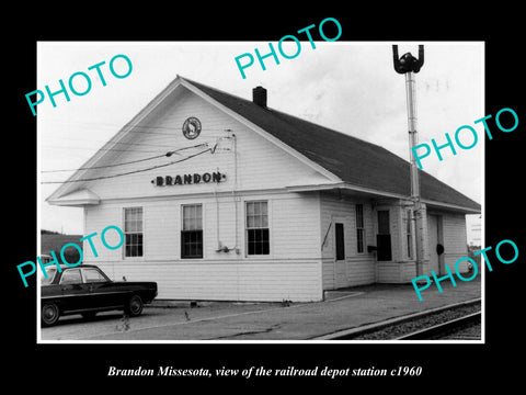 OLD LARGE HISTORIC PHOTO OF BRANDON MINNESOTA, THE RAILROAD DEPOT STATION c1960