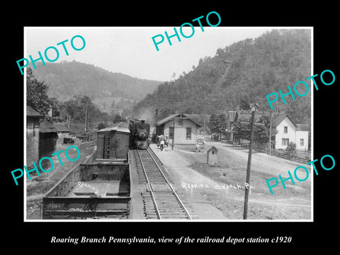 OLD LARGE HISTORIC PHOTO OF ROARING BRANCH PENNSYLVANIA, RAILROAD STATION c1920