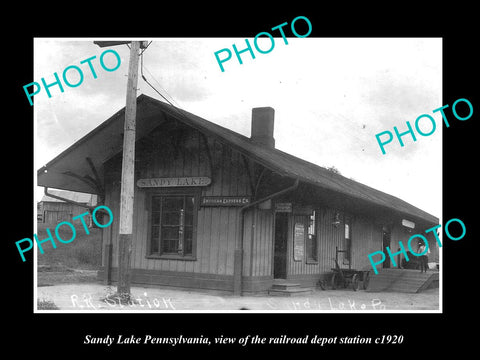 OLD LARGE HISTORIC PHOTO OF SANDY LAKE PENNSYLVANIA RAILROAD DEPOT STATION c1920