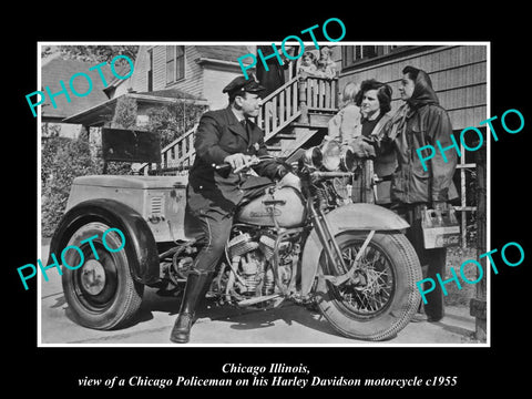 OLD HISTORIC PHOTO OF CHICAGO ILLINOIS, HARLEY DAVIDSON POLICE MOTORCYCLE c1955