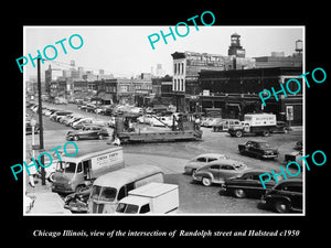 OLD LARGE HISTORIC PHOTO OF CHICAGO ILLINOIS, VIEW OF RANDOLPH & HALSTEAD c1950