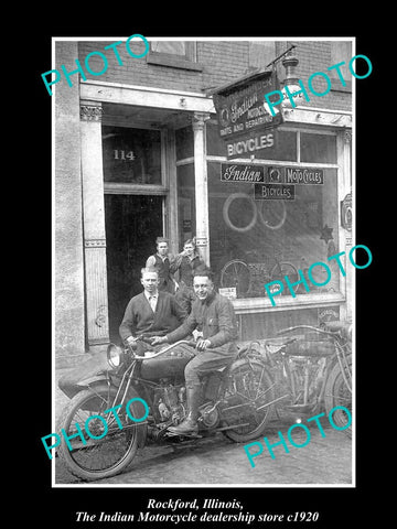 OLD LARGE HISTORIC PHOTO OF ROCKFORD ILLINOIS, THE INDIAN MOTORCYCLE STORE c1920