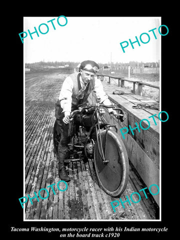 OLD LARGE HISTORIC PHOTO OF TACOMA WASHINGTON, BOARDTRACK INDIAN MOTORCYCLE 1920