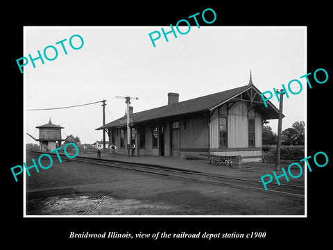 OLD LARGE HISTORIC PHOTO OF BRAIDWOOD ILLINOIS, RAILROAD DEPOT STATION c1900