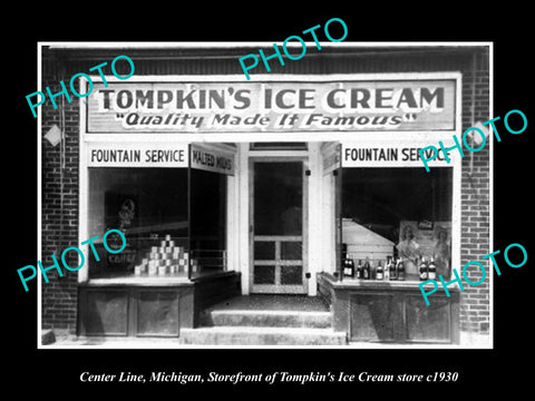 OLD LARGE HISTORIC PHOTO OF CENTRE LINE MICHIGAN, TOMPKINS ICE CREAM STORE c1930