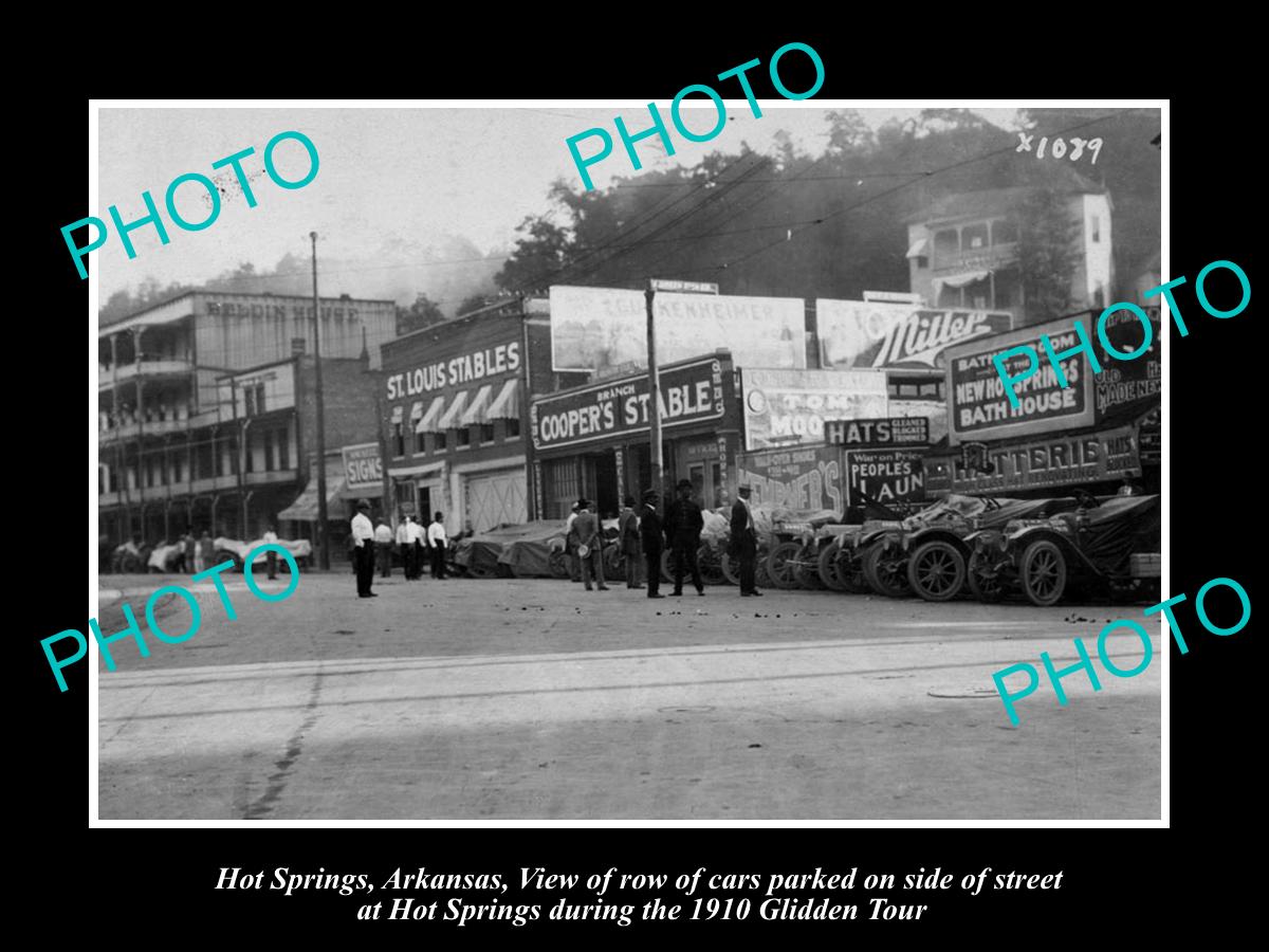 OLD LARGE HISTORIC PHOTO OF HOT SPRINGS ARKANSAS, 1910 GLIDDEN TOUR STREET SCENE