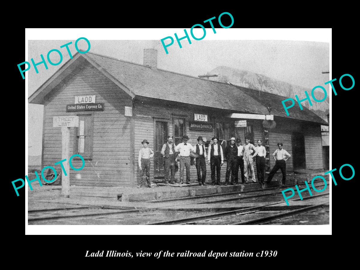 OLD LARGE HISTORIC PHOTO OF LADD ILLINOIS, THE RAILROAD DEPOT STATION c1930