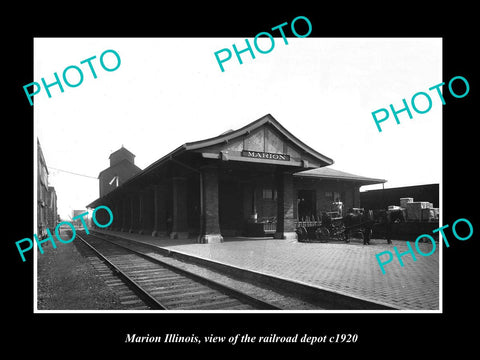 OLD LARGE HISTORIC PHOTO OF MARION ILLINOIS, THE RAILROAD DEPOT STATION c1920