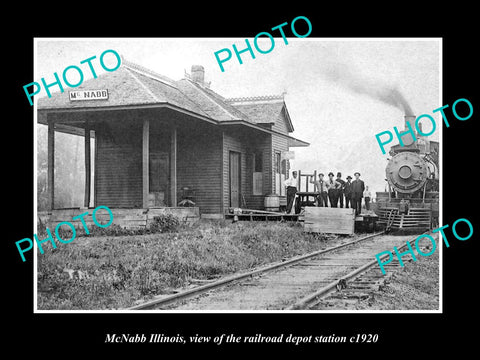 OLD LARGE HISTORIC PHOTO OF McNABB ILLINOIS, THE RAILROAD DEPOT STATION c1920